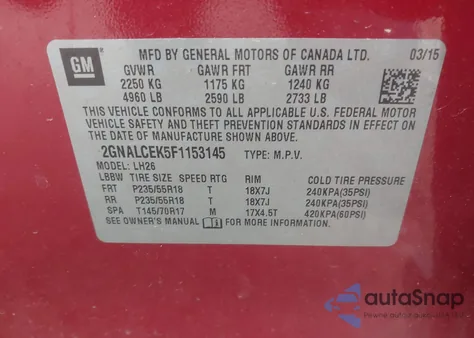 2015 Chevrolet Equinox 2Lt из США, поврежденный, VIN 2GNALCEK5F1153145